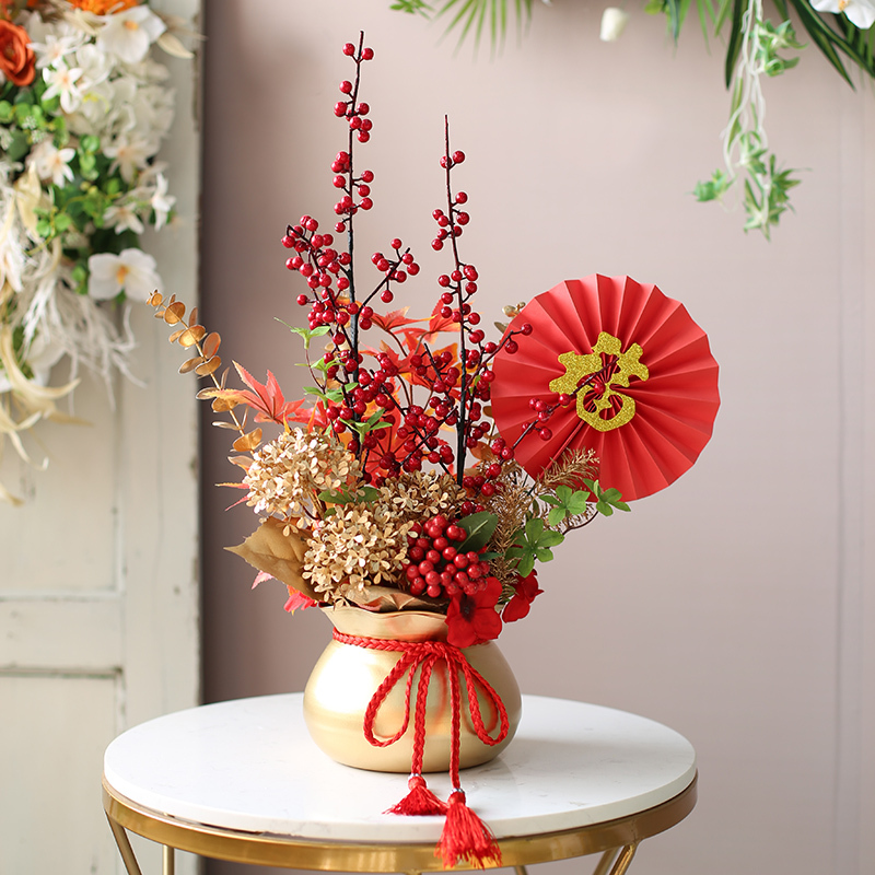 年宵花发财果花艺盆栽喜庆婚房花艺电视柜摆件金桶盆景新年仿真花