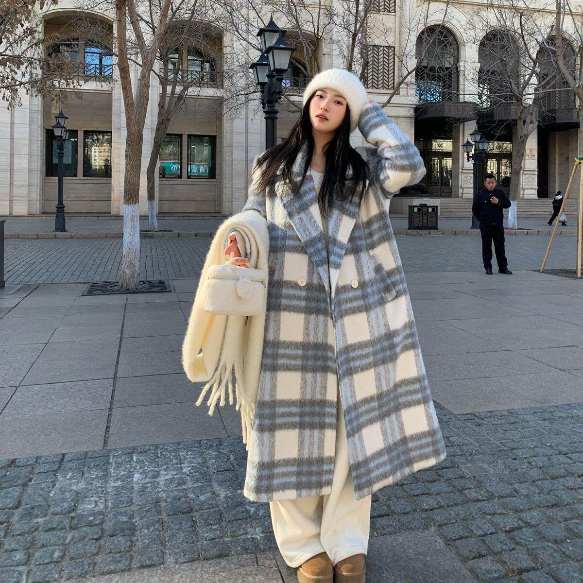 冬季新款韩版白蓝色格纹氛围感毛呢大衣女设计感小个子高级感外套,女装/女士精品,毛呢外套,淘宝优惠券,粉丝福利购,淘宝优惠卷