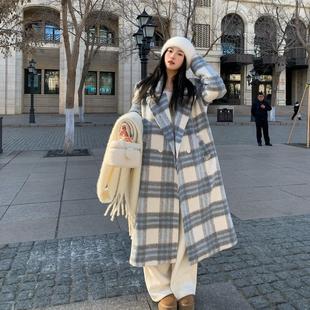 冬季新款韩版白蓝色格纹氛围感毛呢大衣女设计感小个子高级感外套