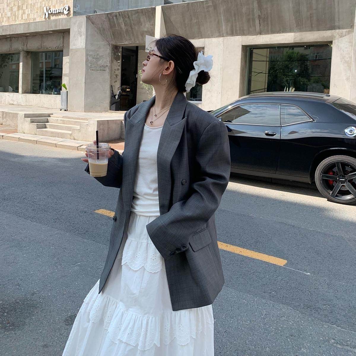 格纹西装外套女秋冬2024新款宽松灰色休闲气质高级感西服小众百搭