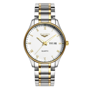 商务手表男送父亲 防水石英表钢带双日历夜光复古时尚 冠琴正品 男士