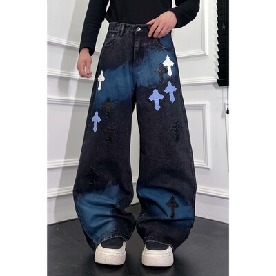 裤子31013男士高品质重工水洗蓝色晕染十字拼皮弯刀牛仔裤