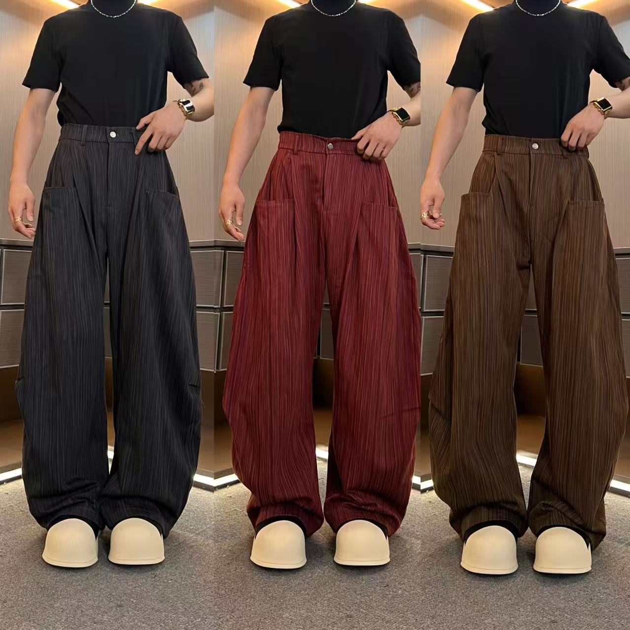 琛哥男装-裤子wk280男士高品质竹节纹宽松立体口袋弯刀裤