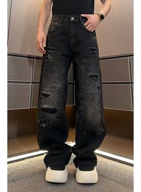 琛哥男装-裤子31057男士高品质烟花烫钻假破洞黑色宽松直筒牛仔裤