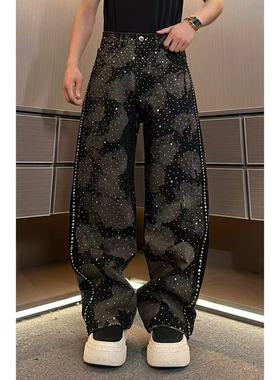 琛哥男装-裤子31045男士高品质重工满钻喷绘宽松牛仔裤