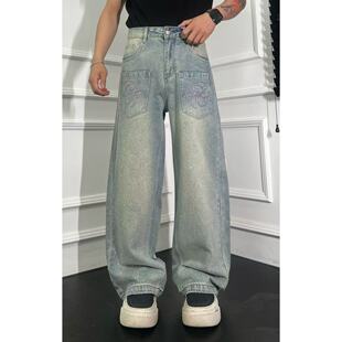 高品质口袋刺绣重工满钻烫钻宽松直筒牛仔裤 裤 子2052男士