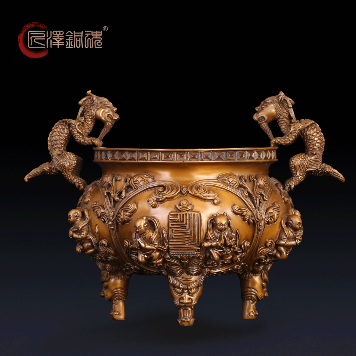 紫铜 龙形耳踏云童子炉精铜手工铜香炉 香炉香道佛具用品