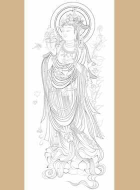 敦煌壁画观世音菩萨白描底稿佛像人物工笔画线稿线描实物纸质打印