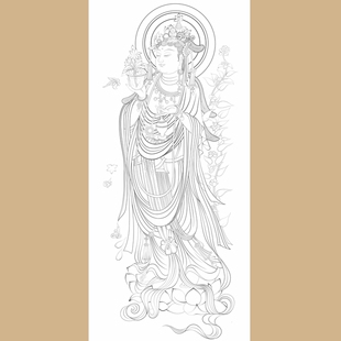 敦煌壁画观世音菩萨白描底稿佛像人物工笔画线稿线描实物纸质打印