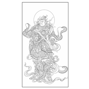 高清四大天王之南方增长天王白描底稿工笔画线稿线描实物打印勾线