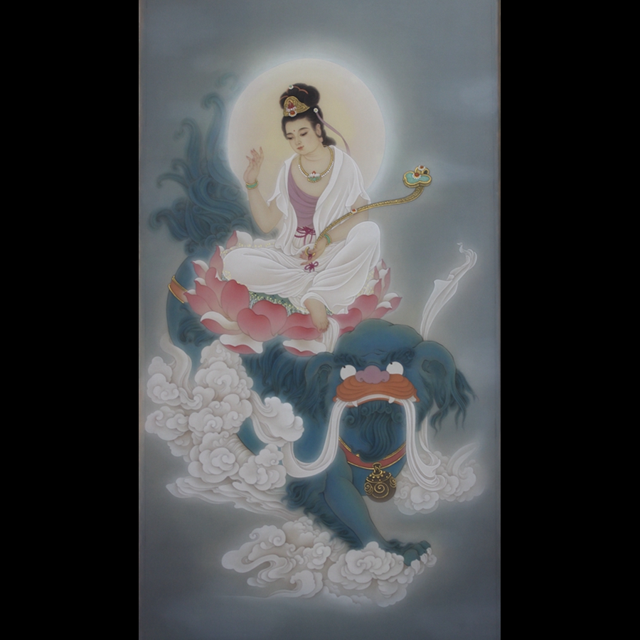 纯手绘文殊菩萨传统古典佛像工笔画真丝软绢画国画心成品画未装裱