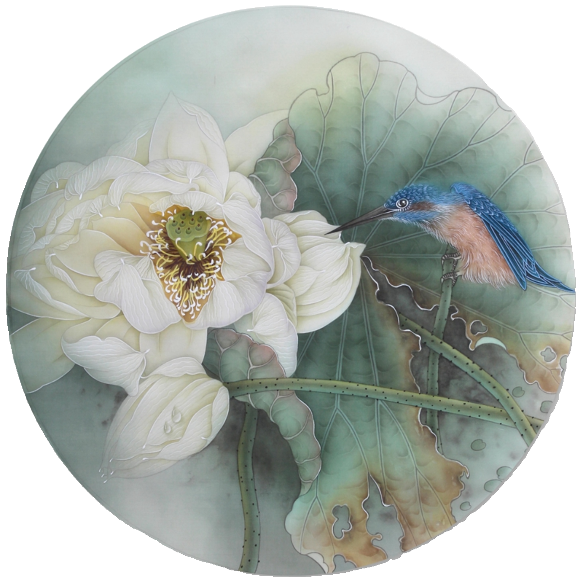 纯手绘翠鸟并蒂莲古典工笔画荷花图国画新中式画心直径40cm装饰画