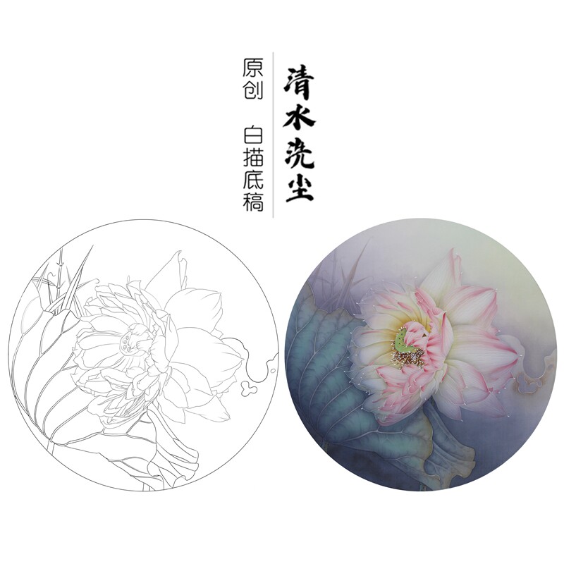 原创 并蒂莲工笔画白描底稿荷花圆形小品40*40cm线稿花卉白描稿