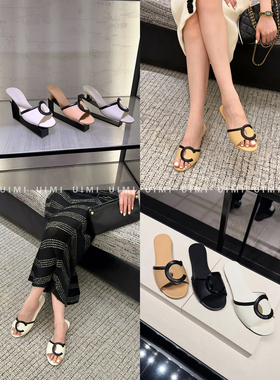 UIMI/日常出街的奢华密码！26ss 经典字母拼色真皮一字粗跟拖鞋女