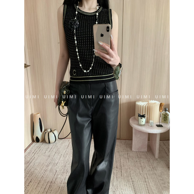 UIMI/慵懒与文艺并存！26ss 轻奢风黑色亮丝羊毛针织背心上衣 女