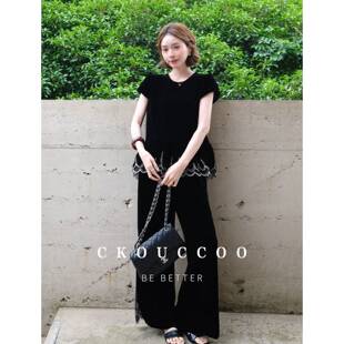 荣太幽芒隐现双层秀珠桑蚕丝上衣蕾丝长裤真丝丝绒时尚两件套装女