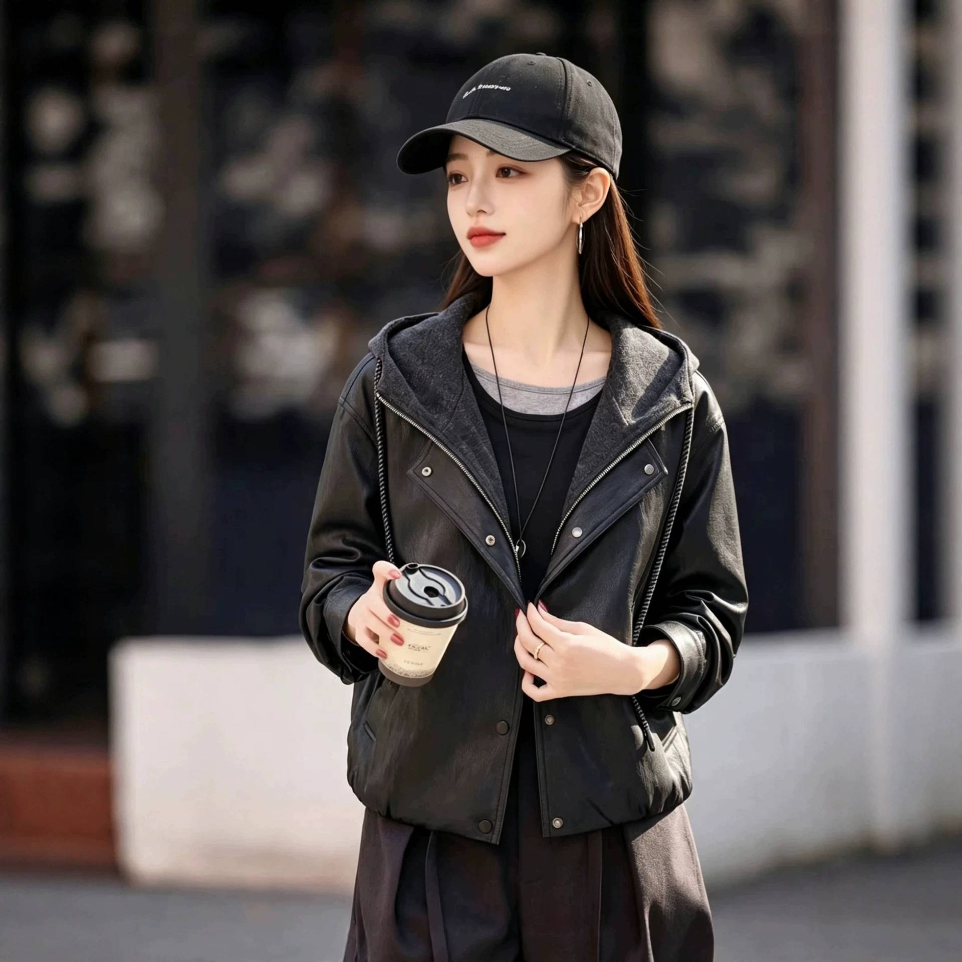 金属丝皮女短款春秋新款宽松连帽