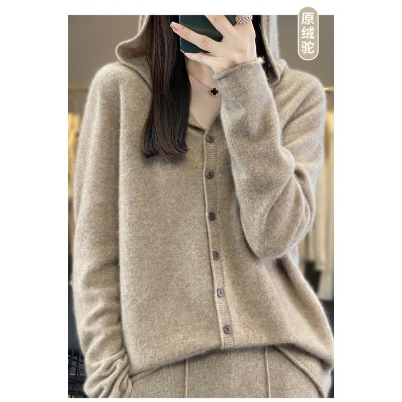 新款100羊毛连帽开衫女薄款针织