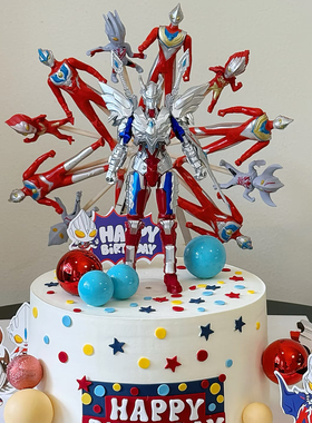 彩虹烘焙馆男孩生日蛋糕装饰摆件红色迪迦奥特曼音乐蜡烛电动旋转
