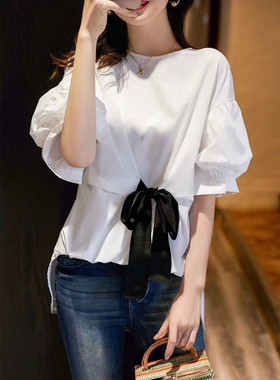 cici欧货站2025夏宽松气质白色真丝衬衫蝴蝶结丝光棉女泡泡袖上衣