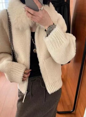 cici欧货站2025秋冬新款短外套女毛呢狐狸毛领白色羊毛保暖外套潮