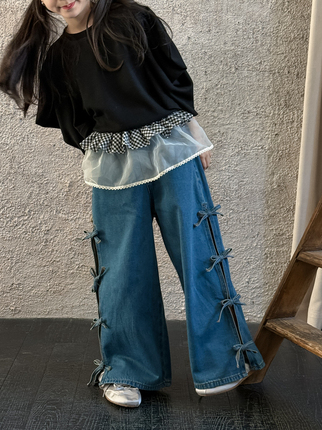 Spring jeans, design children's trousers with bow, for teenagers, trend of season
