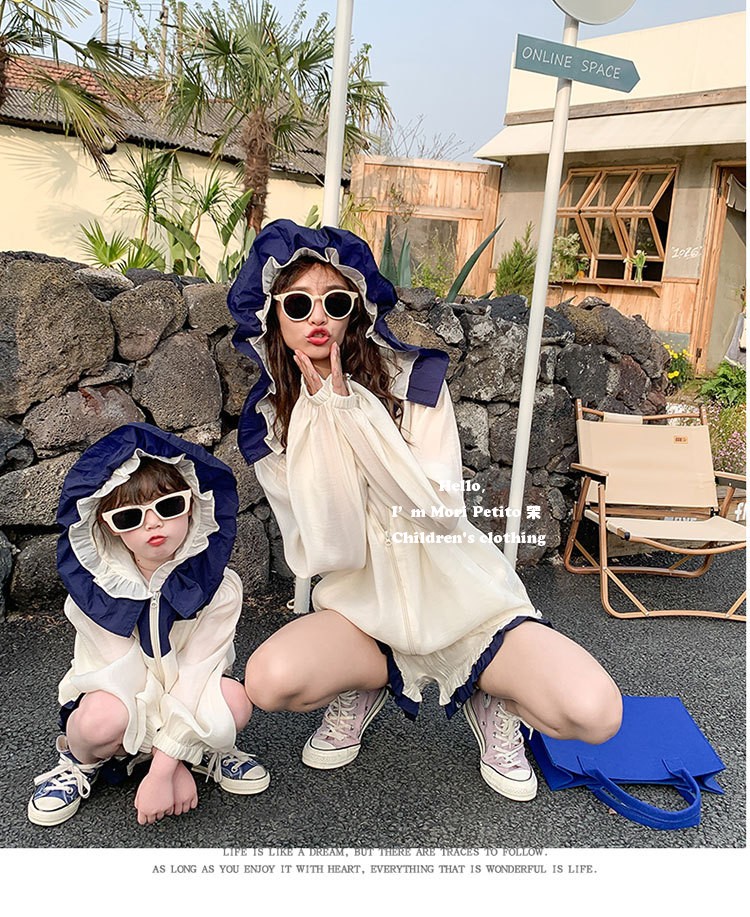 亲子装夏装女童防晒套装撞色花朵帽防晒衣短裤宝宝2件炸街母女装