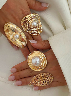 欧美跨境ins夸张金属风褶皱仿珍珠戒指 个性甜酷线条开口指环ring