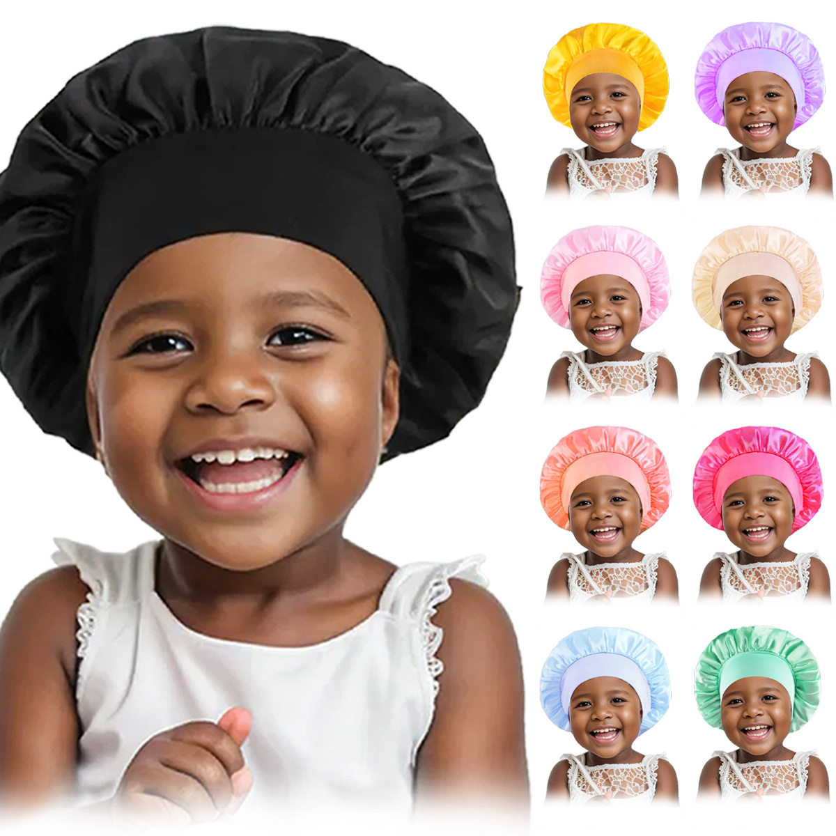 跨境新款儿童弹力色丁帽子 糖果色弹力发带圆帽宝宝睡帽