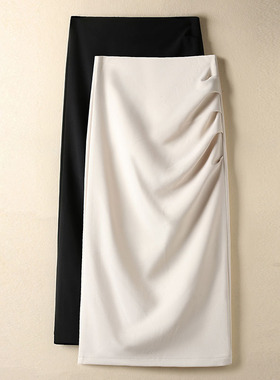 黑色西装直筒裙开叉包臀裙褶皱百搭显瘦不规则半身裙一步裙长裙