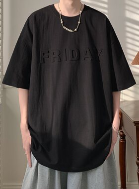 【满两件包邮】2025夏季新款青少年学生港风钢印大码情侣短袖T恤
