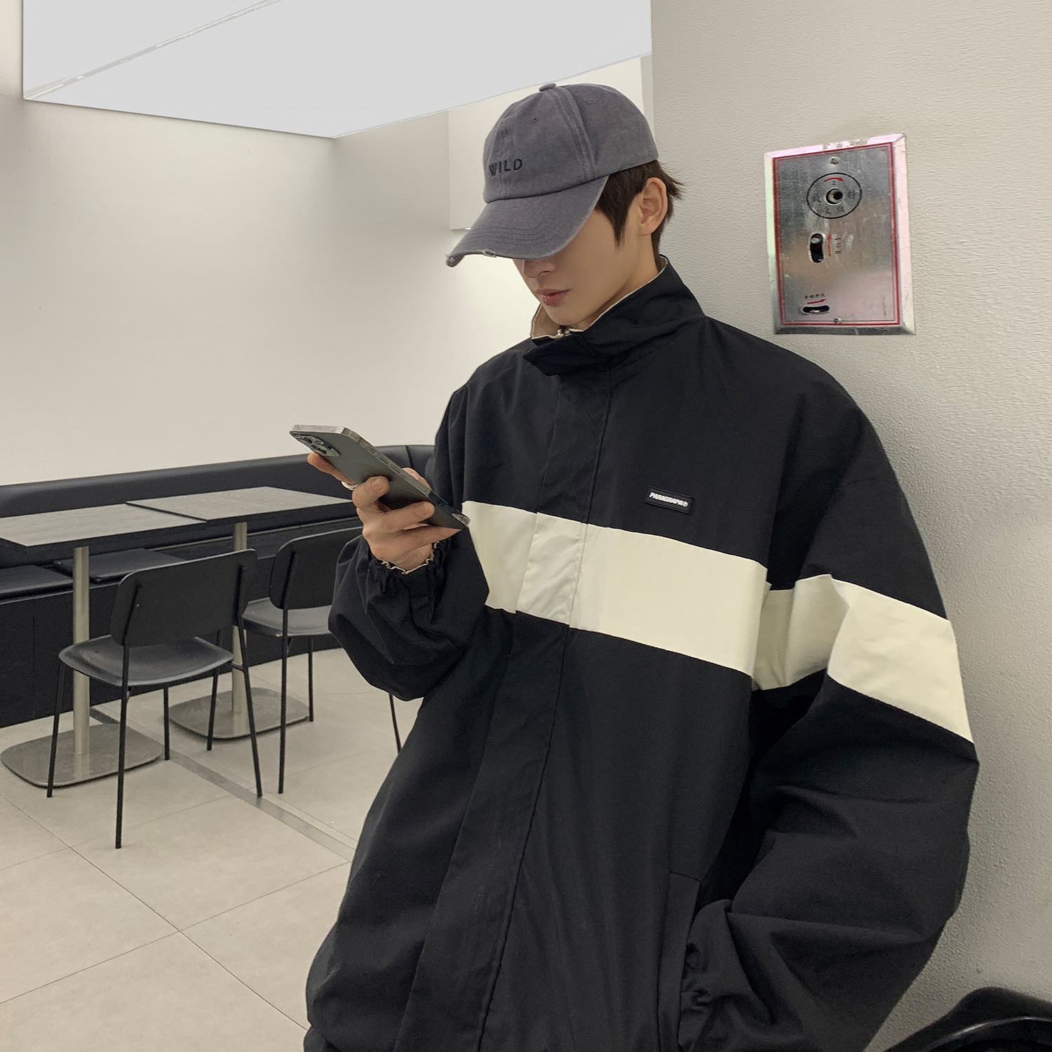 【满两件包邮】2025秋季新款青少年港风两面穿拼接夹克工装外套潮