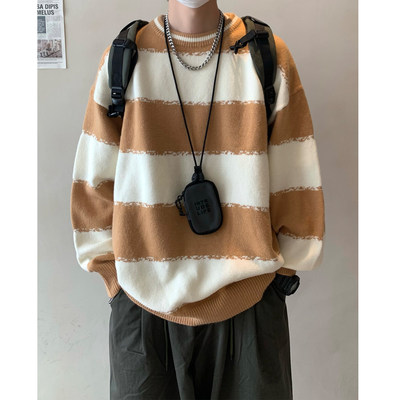 【满两件包邮】2026春季新款青年港风条纹圆领毛衣慵懒套头针织衫