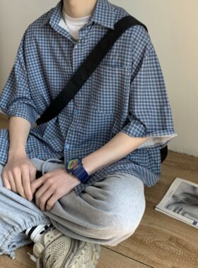 12864【满两件包邮】2026夏新款港风格子短袖衬衫ins休闲宽松外套