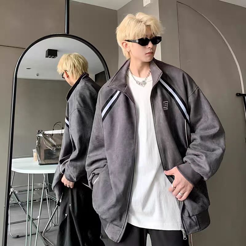 【满两件包邮】2025秋季新款青少年港风织带仿麂皮绒刺绣夹克外套