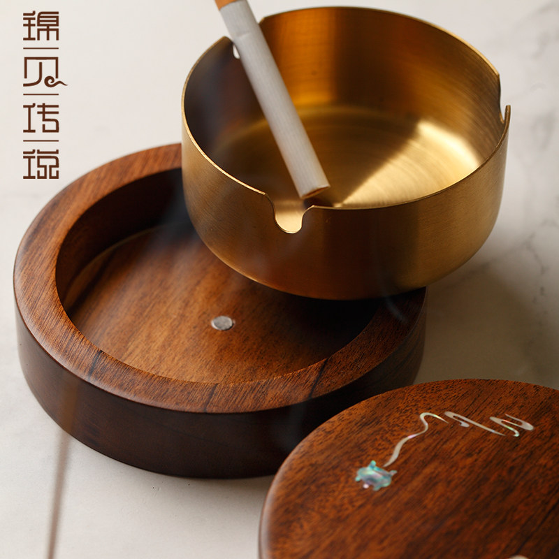 带盖烟灰缸家用办公轻奢胡桃木防飞灰烟味盒创意个性不锈钢烟灰缸