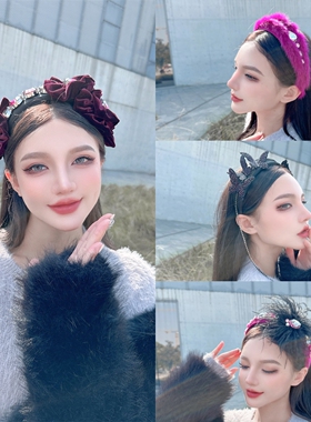 KUKKUU 原创秋冬天鹅绒紫色系盘花海绵蝴蝶结流苏羽毛优雅宽发箍