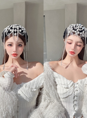 KUKKUU 原创小众异域女神满钻网状流苏前额吊坠编织满天星宽发箍