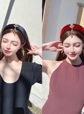 KUKKUU 原创民族特蒙古铜铃铛天鹅绒发饰假耳环流苏质感宽边发箍