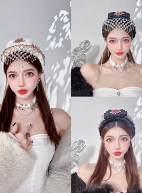 KUKKUU 原创巴洛克小众异国风情前额网钻帘天鹅绒编织头饰宽发箍