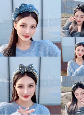 KUKKUU 原创牛仔甜美气质珠钻蝴蝶结流苏时髦优雅百搭高颅顶发箍