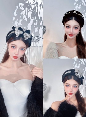 KUKKUU 原创香风重工手工编织蝴蝶结珠钻貂绒毛高颅顶发饰宽发箍