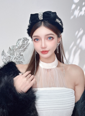 KUKKUU 原创复古甜美质感纯手工珠钻发饰水貂毛高颅顶蝴蝶结发箍