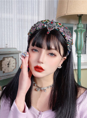 KUKKUU 紫灰色吊坠巴洛克提花重工复古国风宫廷宝石发箍海绵发饰