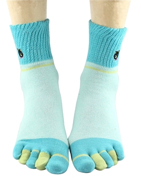 甜美风卡通五指袜女中筒分趾袜纯棉保暖袜秋季浅蓝色松口袜子