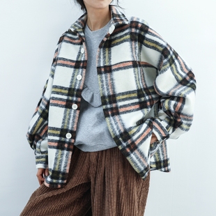 外套宽松复古加厚衬衣女士 毛呢绒格子秋冬衬衫 hewu和物 原创设计