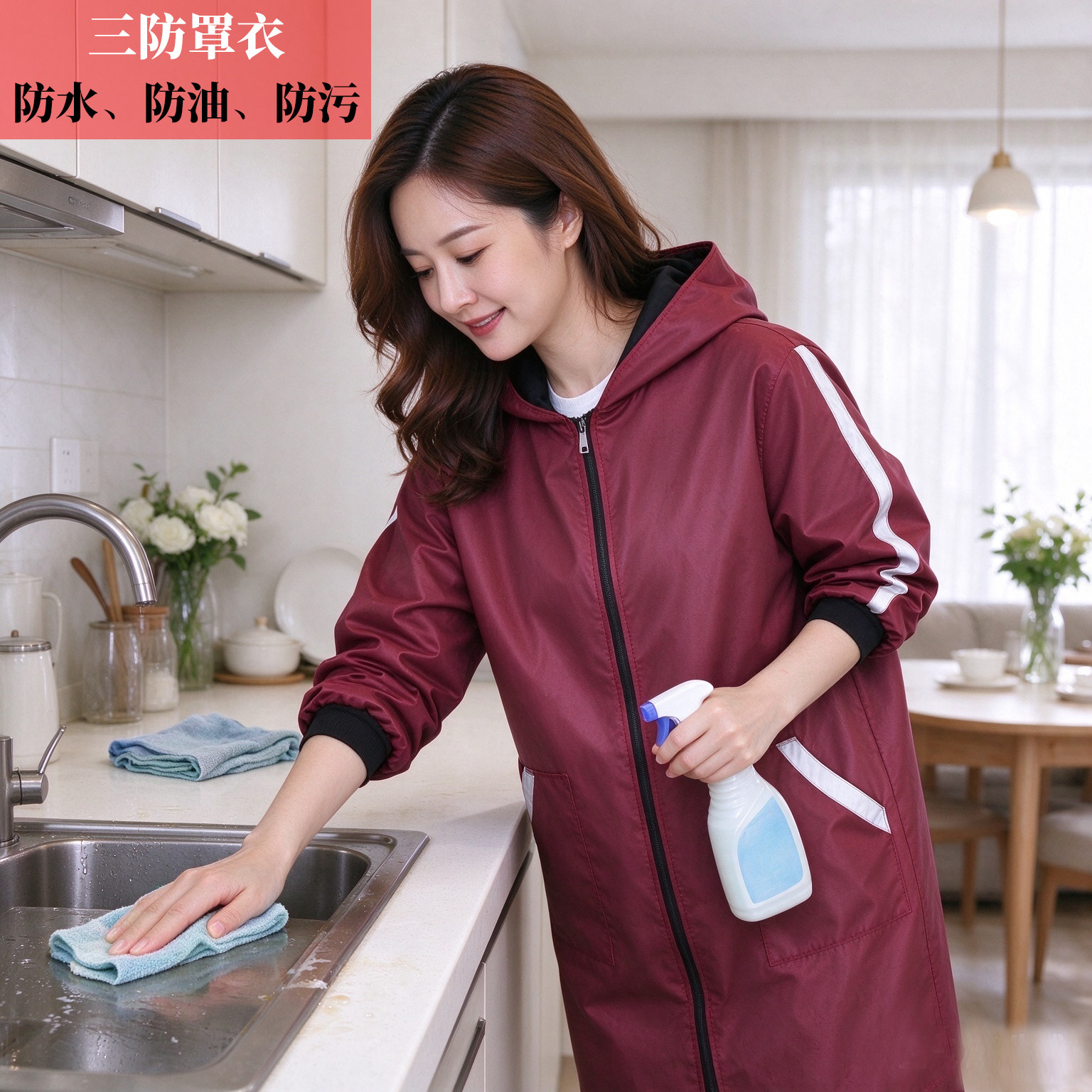 秋冬女款防水防污防油溅连帽围裙