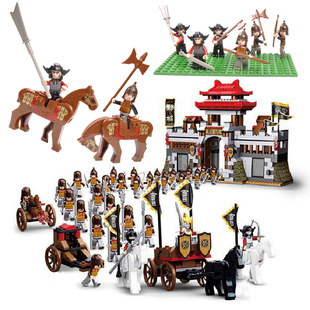 三国演义积木第三方古代小侠关羽模型人仔赤兔马士兵骑兵进攻城堡