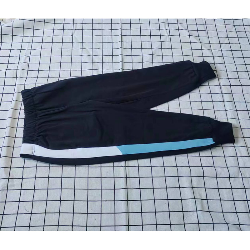 藏蓝色宽白条斜拼宽天蓝条螺纹束脚运动校服裤中小学生秋冬加绒加