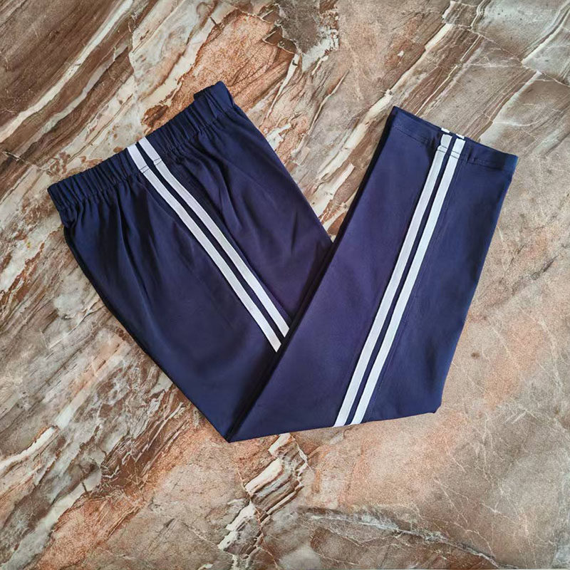 藏蓝两条白色杠针织条学生加绒加厚运动校服直筒裤子宽松春秋款